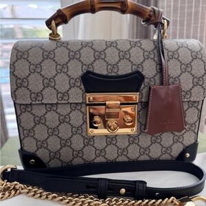 Gucci Beige and Black Satchel with Gold Accents